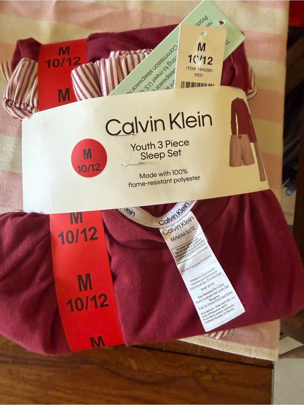 Calvin Klein Youth 3-Piece Sleep Set in Maroon and Stripe